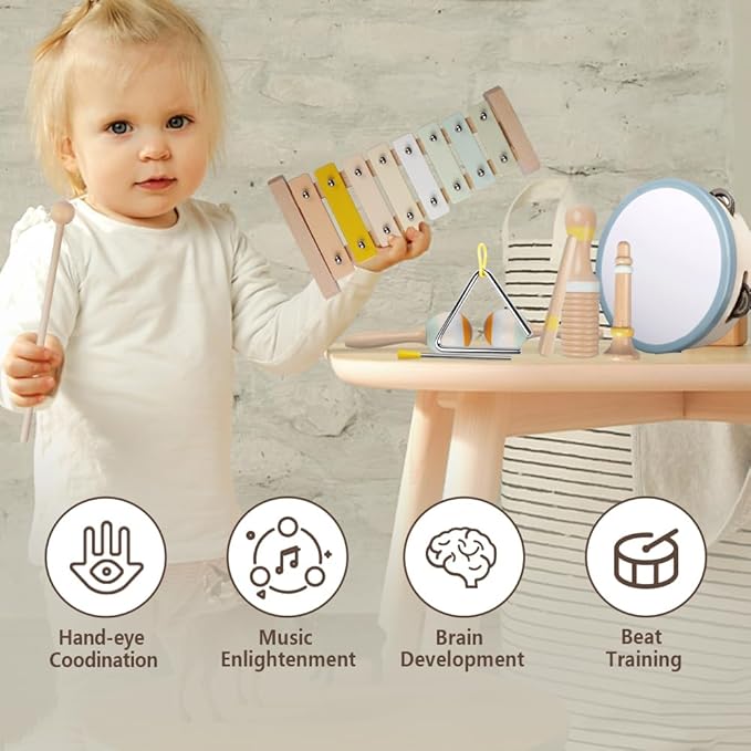 Baby Musical Instruments-Montessori Wooden Toys for Toddlers 1-3,Neutral Colors Percussion Instruments Set with Modern Boho Xylophone for Kids Preschool Educational 3+ nirvanaguru