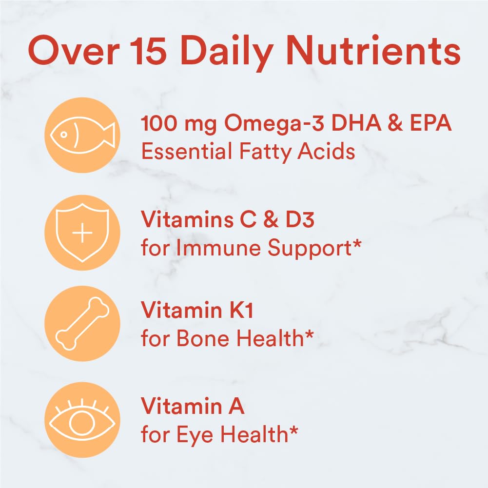 SmartyPants Kids Multivitamin Gummies - Improved Formula: Omega 3 (DHA/EPA), Vitamins D3, C, B12, B6, Vitamin A, K & Zinc, Gluten Free, Three Fruit Flavors, 60 Count (30 Day Supply)