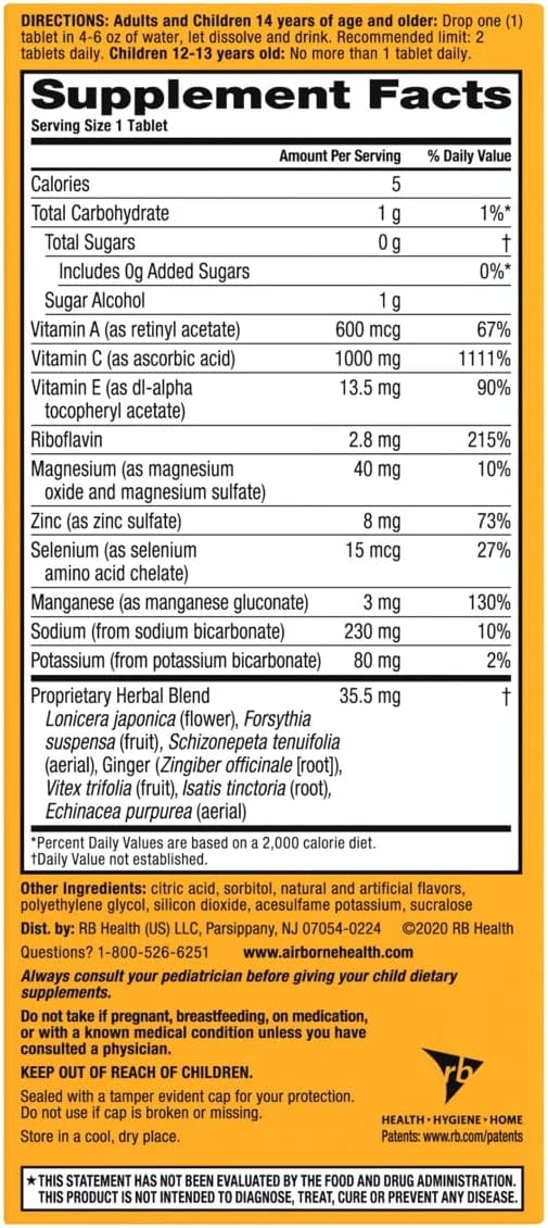 Generic Immune Support Vitamin c chewable Tablets Tablets - Boost Your Health with Airborne effervescent Tablets Zesty Orange Very Berry 36CT Each Combo 2PK Nirvana Guru