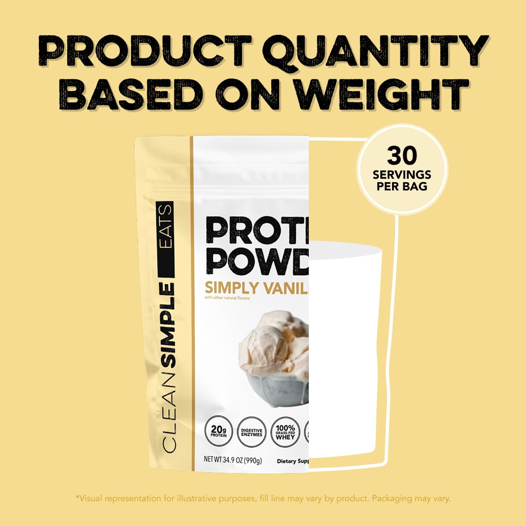 Clean Simple Eats Whey Protein Powder, Simply Vanilla Flavor Naturally Sweetened, 100% Grass Fed Protein Powder with Digestive Enzymes & No Artificial Ingredients, Gluten Free, 30 Servings
