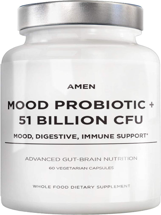 Amen Mood Probiotic Supplement 51 Billion CFU - Organic Prebiotics and Probiotics - Acidophilus Probiotic Pills, Fibers - Mood Organic Ashwagandha, Blueberries - Vegan & Non-GMO - 60 Capsules Nirvana Guru