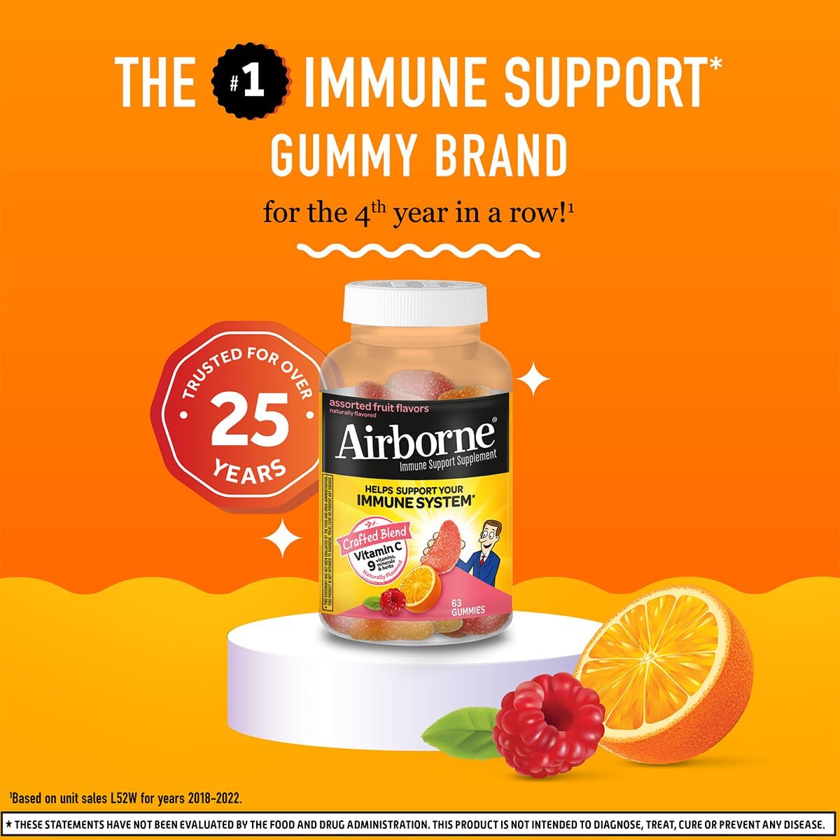 Airborne 750mg Vitamin C Immune Support Supplement Gummies for Adults, Assorted Fruit Flavor, Gluten Free Crafted Blend with Powerful Antioxidants Vitamins A C & E, 63 Gummies (3 Pack) Nirvana Guru