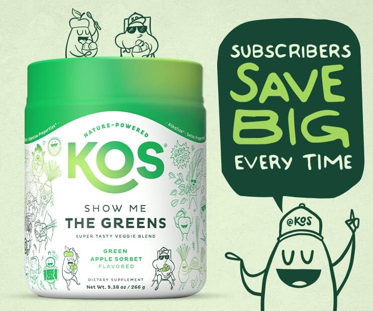 KOS Organic Super Greens Powder Erythritol Free - Plant Based Superfood Blend with Spirulina, Chlorella & Wheatgrass - USDA Certified Organic, Green Juice Smoothie - Apple Flavor - 28 Servings - Nirvana Guru