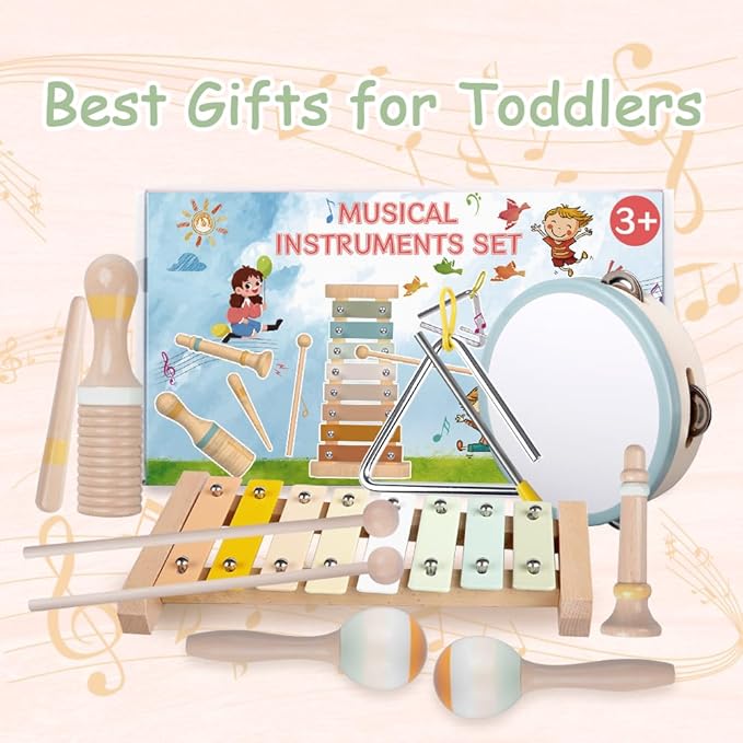 Baby Musical Instruments-Montessori Wooden Toys for Toddlers 1-3,Neutral Colors Percussion Instruments Set with Modern Boho Xylophone for Kids Preschool Educational 3+ nirvanaguru