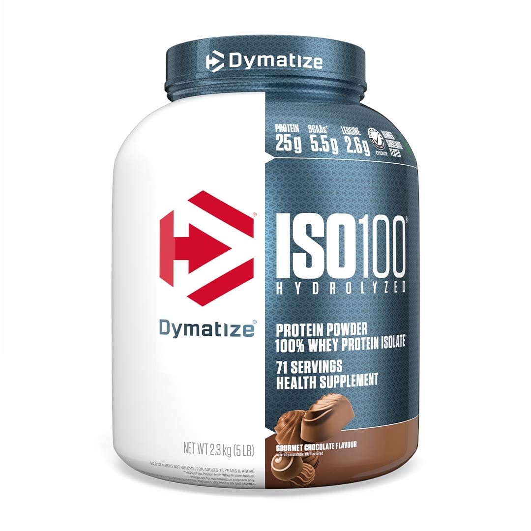 Dymatize ISO100 Whey Protein Powder Isolate, Gourmet Chocolate, 25g of Protein, 20 Servings, 5.5g BCAAs, Less Than 120 Cal., Gluten Free, 1g Fat, 1g Sugar, 2g Carb