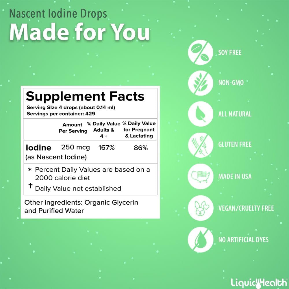 LIQUIDHEALTH USDA Organic Nascent Iodine Liquid Drops, Pure Iodine Supplement for Thyroid & Immune Support, Energy Supplement - Made in USA, Vegan, Colorless, Tasteless Tincture (2 oz) Nirvana Guru