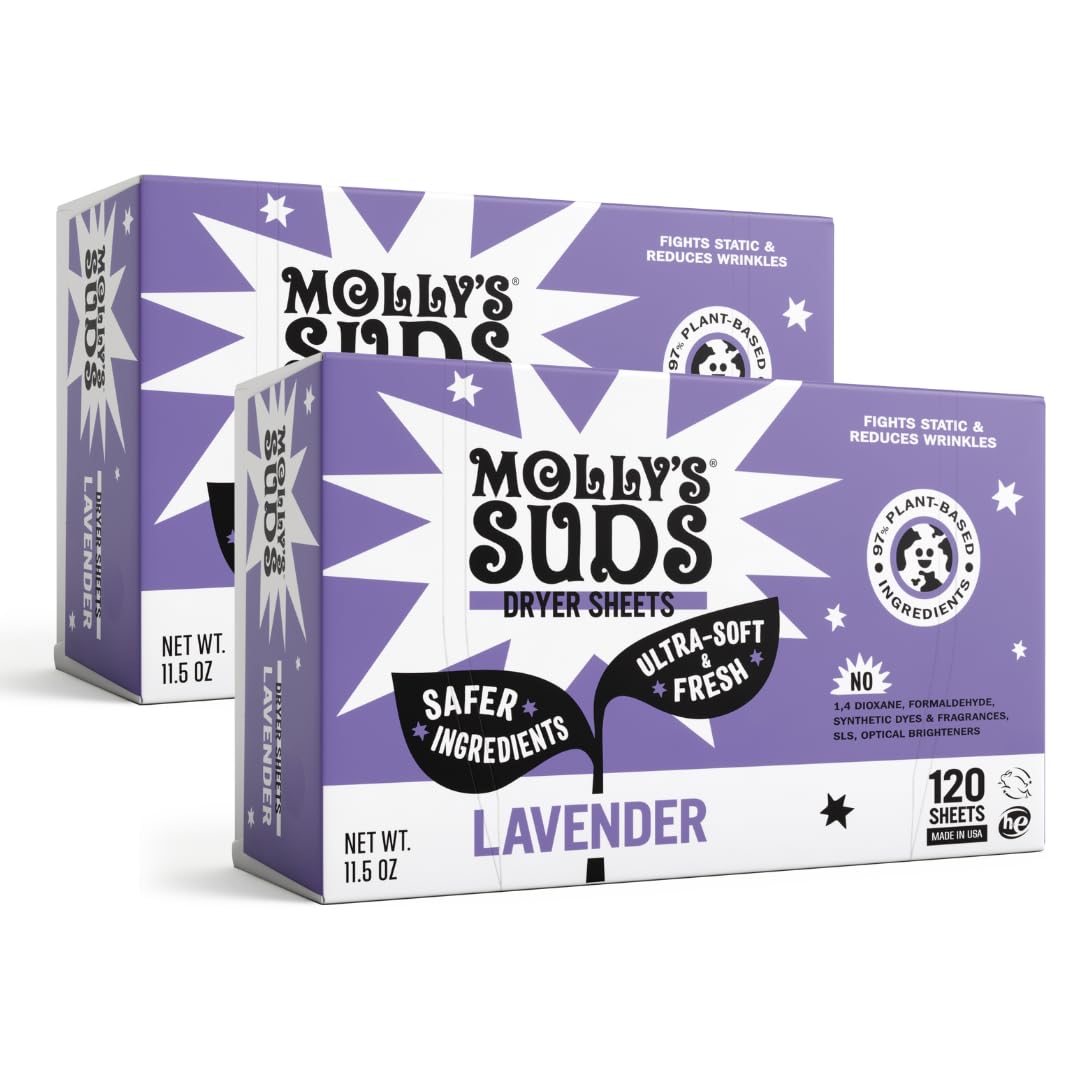 Molly's Suds Fabric Softener Dryer Sheets for Sensitive Skin | Plant-Based Static Reducer, Plastic-Free Packaging | Lavender (120 Sheets) Nirvana Guru