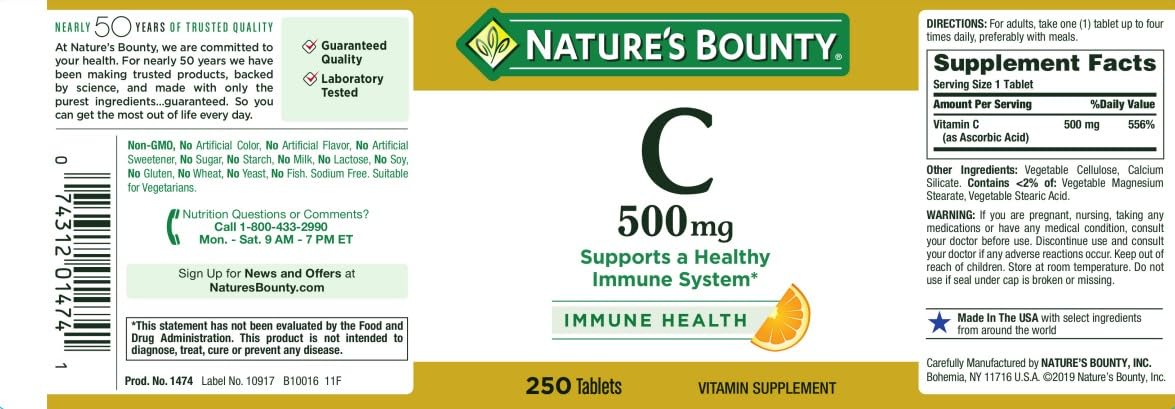Nature's Bounty Vitamin C, Supports a Healthy Immune System, Vitamin Supplement, 500mg, 250 Tablets Nirvana Guru