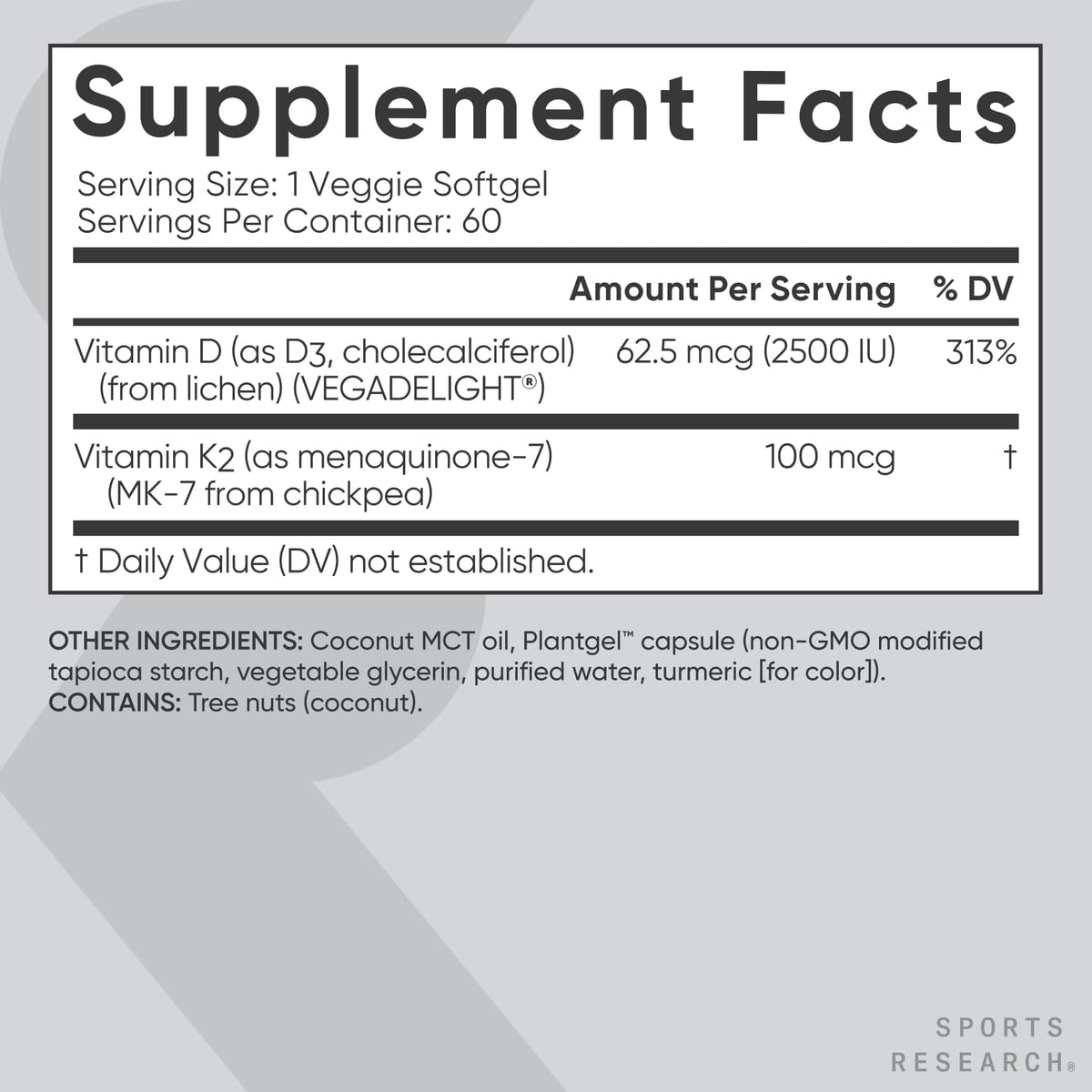 Sports Research® Vitamin D3 + K2 with Coconut MCT Oil | Vegan D3 2500iu (62.5mcg) & Plant Based Vitamin K2 100mcg | Vegan Certified, Soy & Gluten Free - 60 Softgels - Nirvana Guru