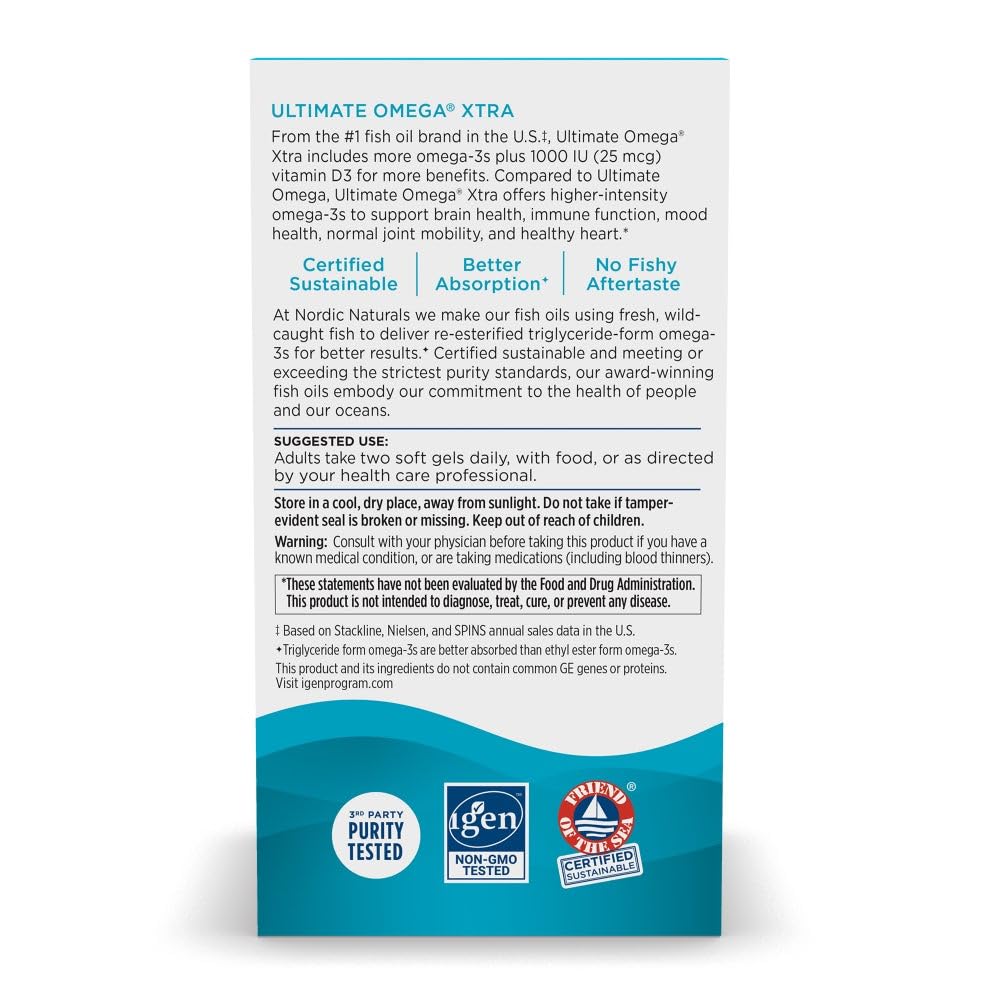 Nordic Naturals Ultimate Omega Xtra, Lemon Flavor - 60 Soft Gels - 1480 mg Omega-3 + 1000 IU Vitamin D3 - EPA & DHA - Brain, Heart, & Immune Health - 30 Servings - Nirvana Guru