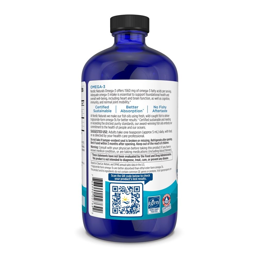 Nordic Naturals Omega-3, Lemon Flavor - 16 oz - 1560 mg Omega-3 - Fish Oil - EPA & DHA - Immune Support, Brain & Heart Health, Optimal Wellness - Non-GMO - 96 Servings - Nirvana Guru