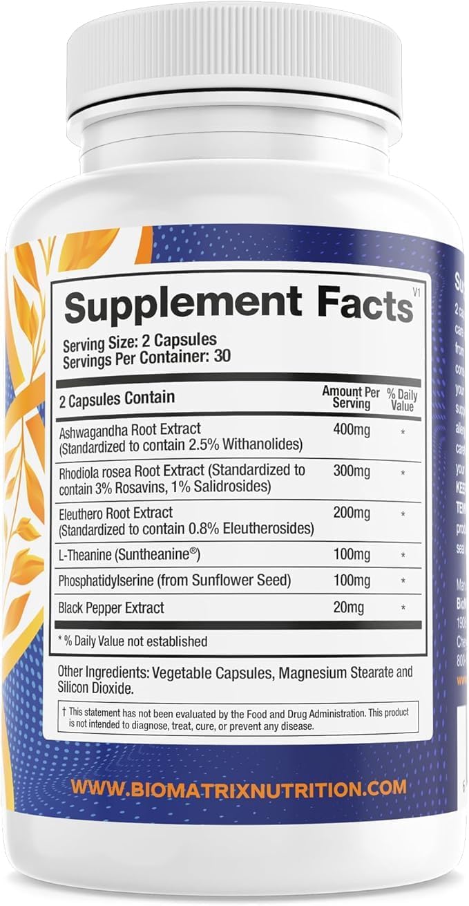 BioMatrix Adaptogen Supplement w/Ashwagandha, L-Theanine, Rhodiola, Ginseng | Cortisol Support, Stress Relief, Focus, Mood | 60 Capsules Nirvana Guru