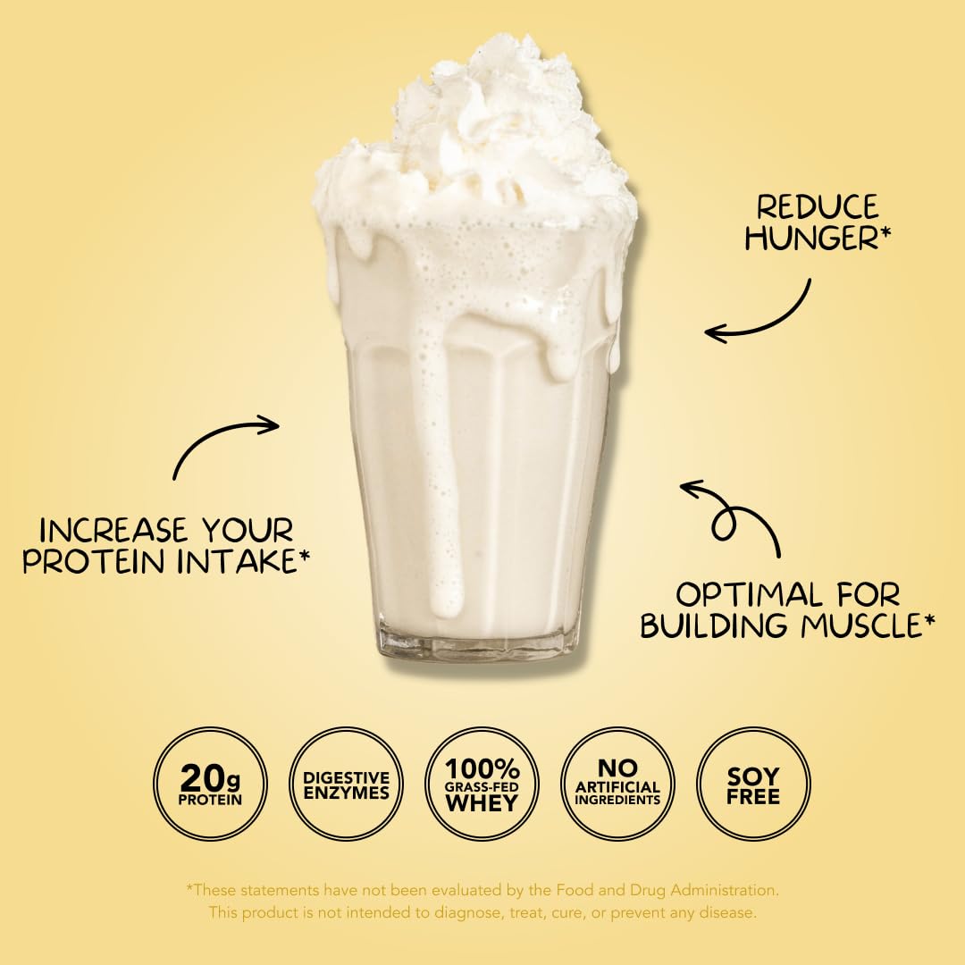 Clean Simple Eats Whey Protein Powder, Simply Vanilla Flavor Naturally Sweetened, 100% Grass Fed Protein Powder with Digestive Enzymes & No Artificial Ingredients, Gluten Free, 30 Servings