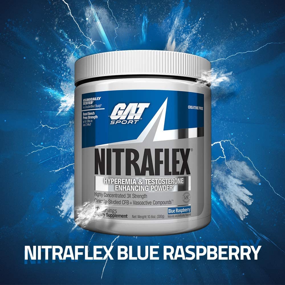 GAT SPORT Nitraflex Advanced Pre-Workout Powder, Increases Blood Flow, Boosts Strength and Energy, Improves Exercise Performance, (Blue Raspberry, 30 Servings) Nirvana Guru