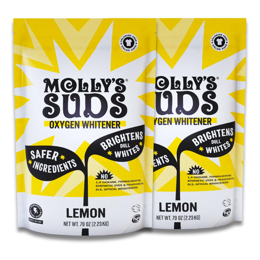 Molly's Suds Oxygen Whitener | Powerful Bleach Alternative, Chlorine Free & Color Safe | Brightens Whites and Removes Stains (Lemon Essential Oil - 41.09 oz) Nirvana Guru