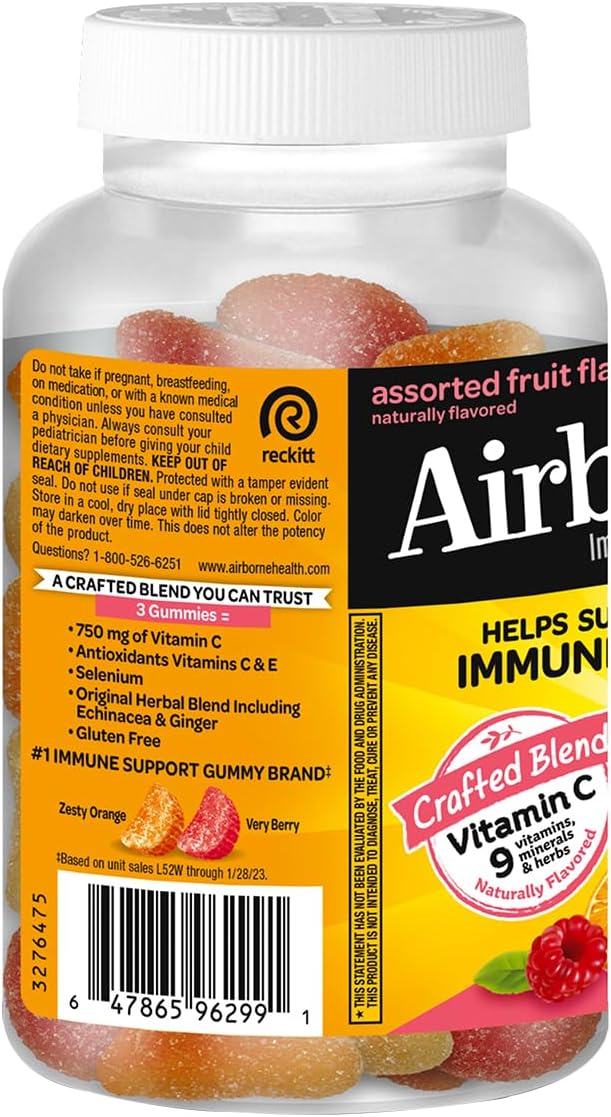 Airborne 750mg Vitamin C Immune Support Supplement Gummies for Adults, Assorted Fruit Flavor, Gluten Free Crafted Blend with Powerful Antioxidants Vitamins A C & E, 63 Gummies (3 Pack) Nirvana Guru