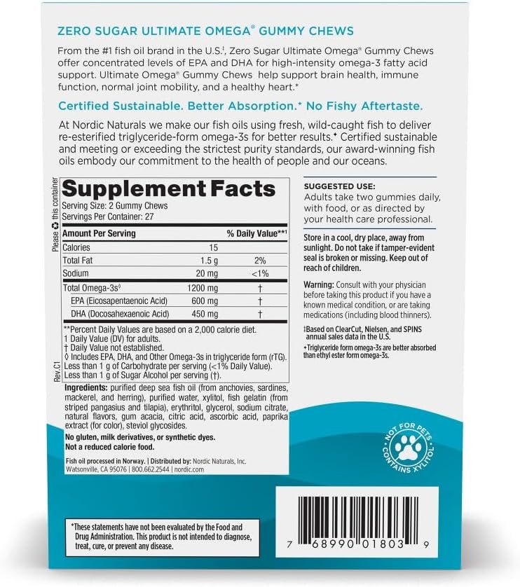 Nordic Naturals Zero Sugar Ultimate Omega Gummy Chews, Tropical Fruit, 54 Gummies, Supports Heart, Brain, and Immune Health, Non-GMO, Vegetarian, 27 Servings - Nirvana Guru