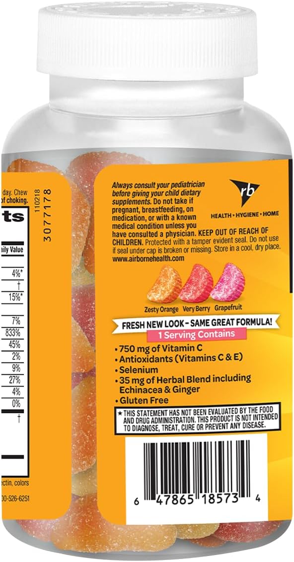 Airborne 750mg Vitamin C Immune Support Supplement Gummies for Adults, Assorted Fruit Flavor, Gluten Free Crafted Blend with Powerful Antioxidants Vitamins A C & E, 42 Gummies (2 Pack) Nirvana Guru