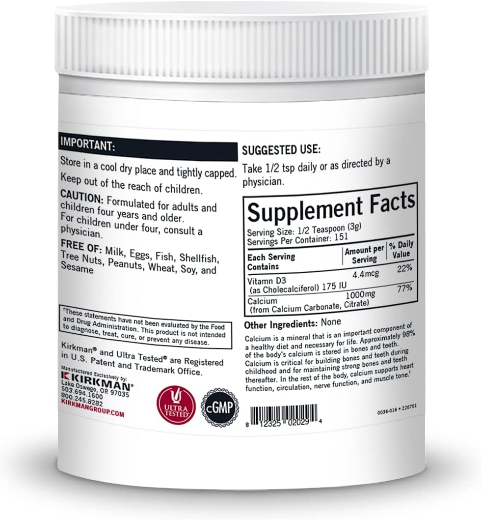 Kirkman – Purest Calcium with Vitamin D-3 –– 454 gm– 16 oz Powder - Unflavored - Hypoallergenic –– Minerals –– Gluten & Casein Free –– Tested for More Than 950 Environmental Contaminants - Nirvana Guru
