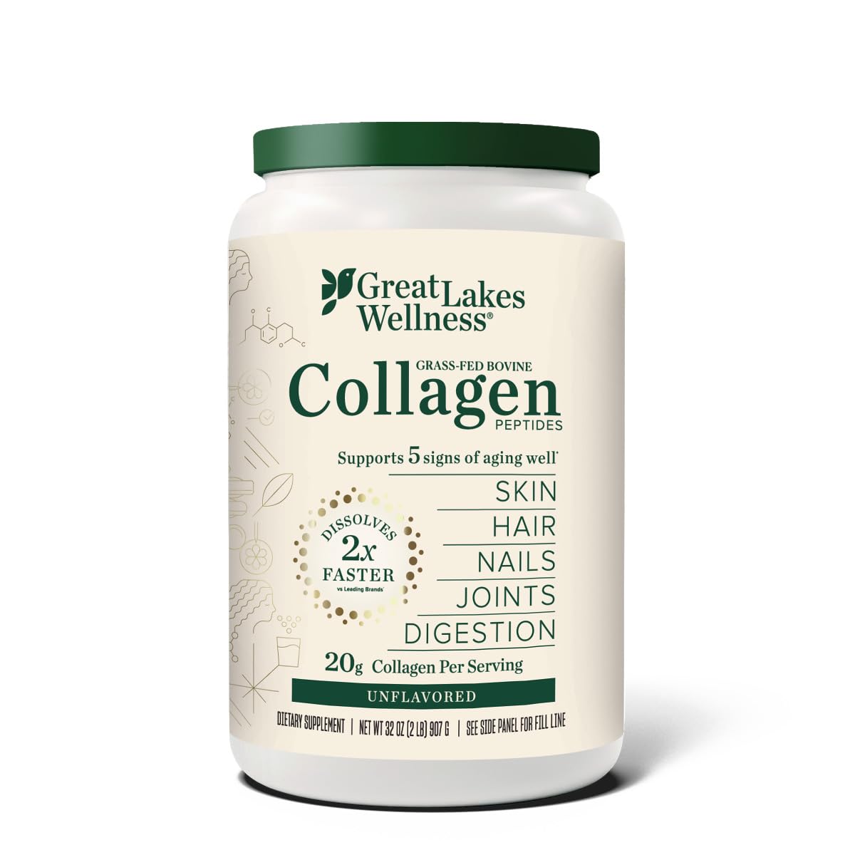 Great Lakes Wellness Collagen Peptides Powder for Skin, Hair, Nails, Joints & Digestion - Unflavored - Quick Dissolve Hydrolyzed, Non-GMO, Keto, Kosher - 16oz