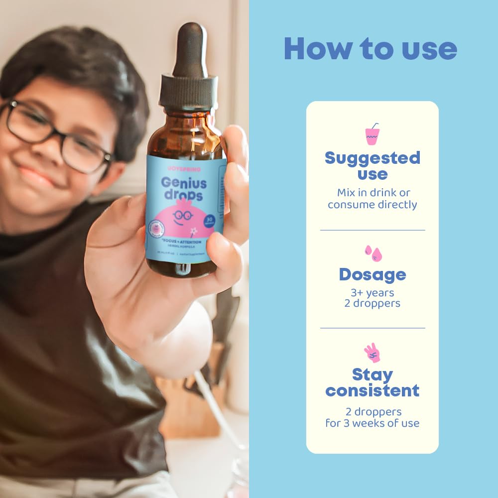 JoySpring Genius Drops for Kids | Clinically Proven Focus Supplement | Liquid Herbal Focus Supplement with Ginkgo Biloba for Kids (1 fl oz) 30 Servings Nirvana Guru