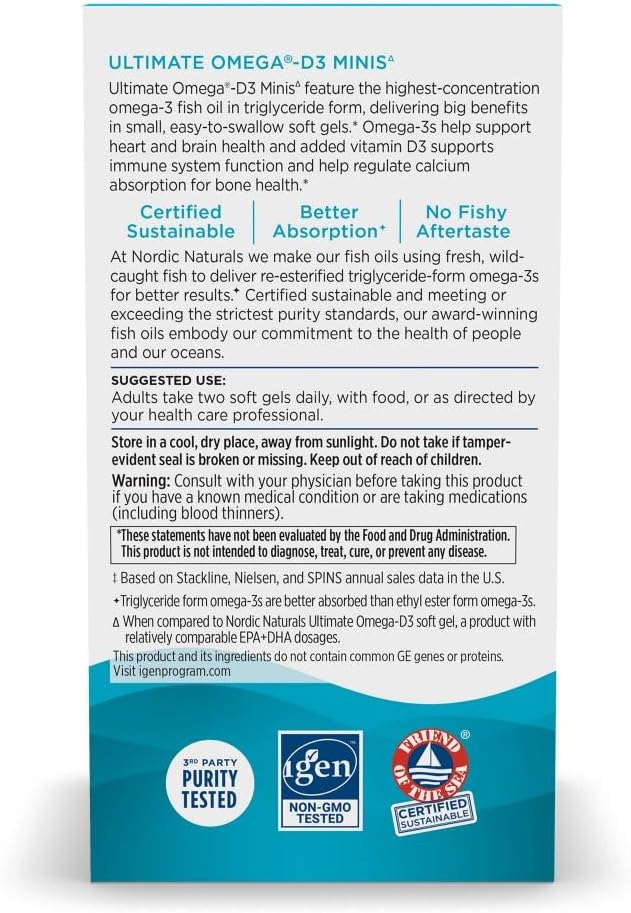Nordic Naturals Ultimate Omega 2X Mini D3, Lemon Flavor - 60 Mini Soft Gels - 1120 mg Omega-3 + 1000 IU Vitamin D3 - EPA & DHA - Promotes Brain & Heart Health - 30 Servings - Nirvana Guru
