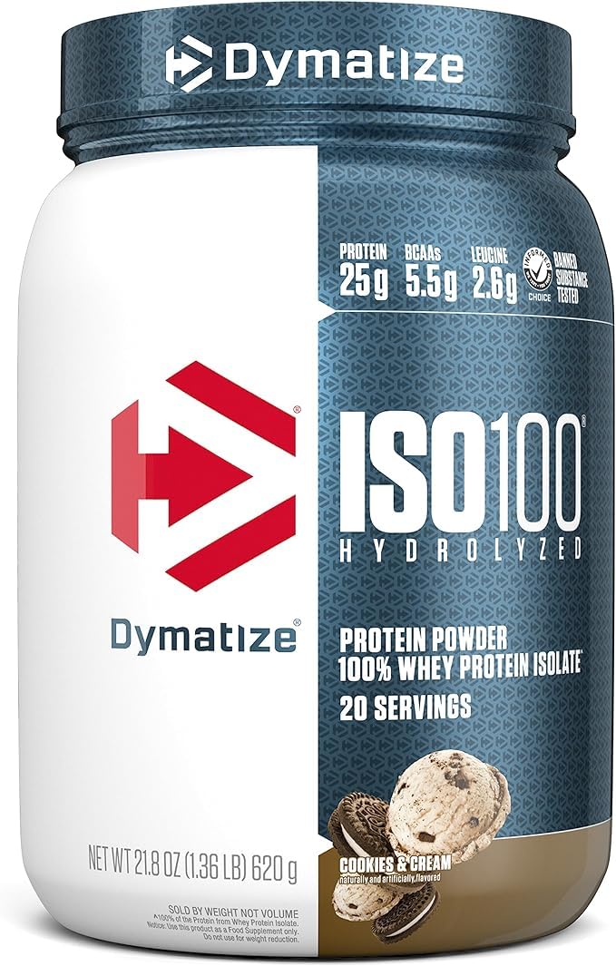 Dymatize ISO100 Whey Protein Powder Isolate, Gourmet Chocolate, 25g of Protein, 20 Servings, 5.5g BCAAs, Less Than 120 Cal., Gluten Free, 1g Fat, 1g Sugar, 2g Carb