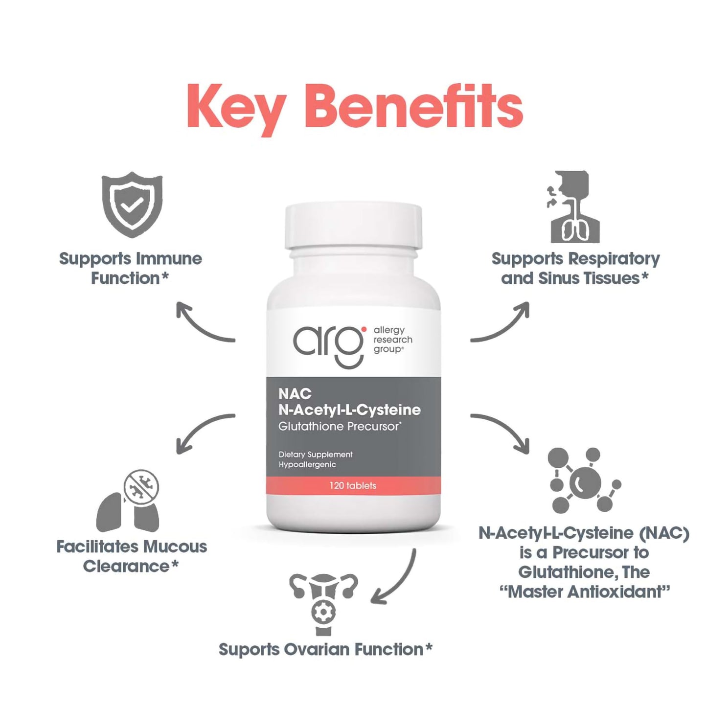 Allergy Research Group NAC Supplement - N-Acetyl-L-Cysteine, Glutathione Precursor, Supports Immune Function, Healthy Mucus Clearance, Free Form Amino Acid, Hypoallergenic - 120 Count Nirvana Guru