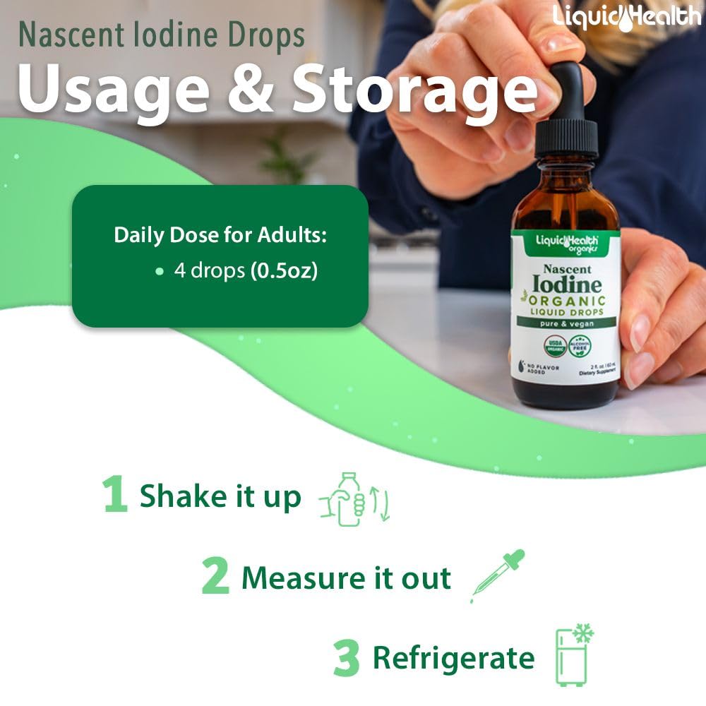 LIQUIDHEALTH USDA Organic Nascent Iodine Liquid Drops, Pure Iodine Supplement for Thyroid & Immune Support, Energy Supplement - Made in USA, Vegan, Colorless, Tasteless Tincture (2 oz) Nirvana Guru