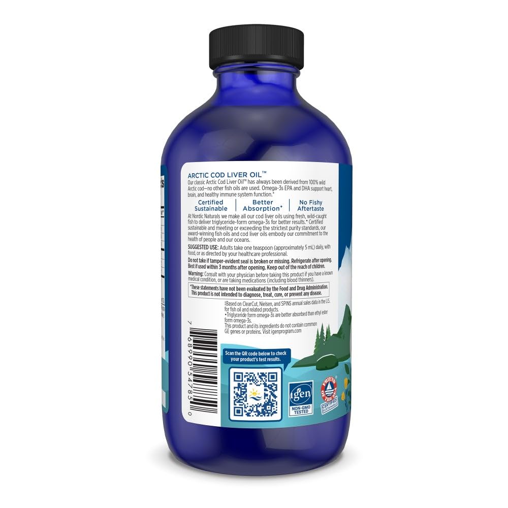 Nordic Naturals Arctic Cod Liver Oil, Orange - 16 oz - 1060 mg Total Omega-3s with EPA & DHA - Heart & Brain Health, Healthy Immunity, Overall Wellness - Non-GMO - 96 Servings - Nirvana Guru