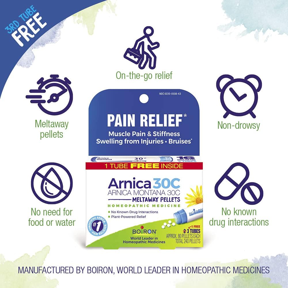 Boiron Arnica Montana 30C Homeopathic Medicine for Relief from Muscle Pain, Muscle Stiffness, Swelling from Injury, and Discoloration from Bruises - 3 Count (240 Pellets) - Nirvana Guru