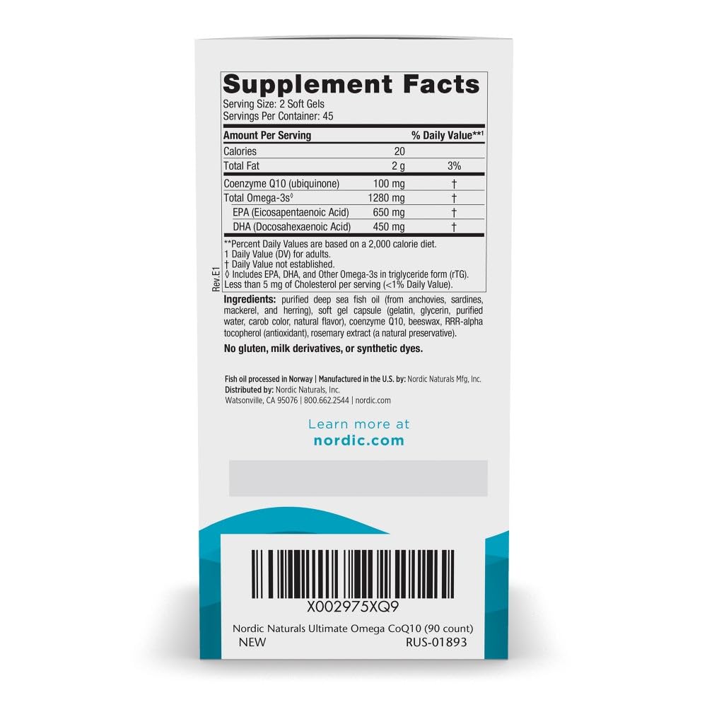 Nordic Naturals Ultimate Omega + CoQ10, Lemon - 120 Soft Gels - 1280 mg Omega-3 + 100 mg CoQ10 - Heart Health, Cellular Energy, Antioxidant Support - Non-GMO - 60 Servings - Nirvana Guru