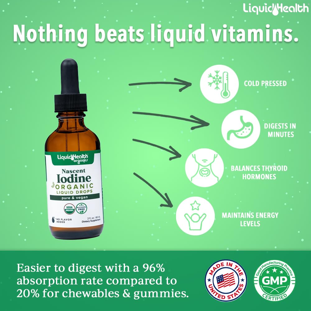 LIQUIDHEALTH USDA Organic Nascent Iodine Liquid Drops, Pure Iodine Supplement for Thyroid & Immune Support, Energy Supplement - Made in USA, Vegan, Colorless, Tasteless Tincture (2 oz) Nirvana Guru