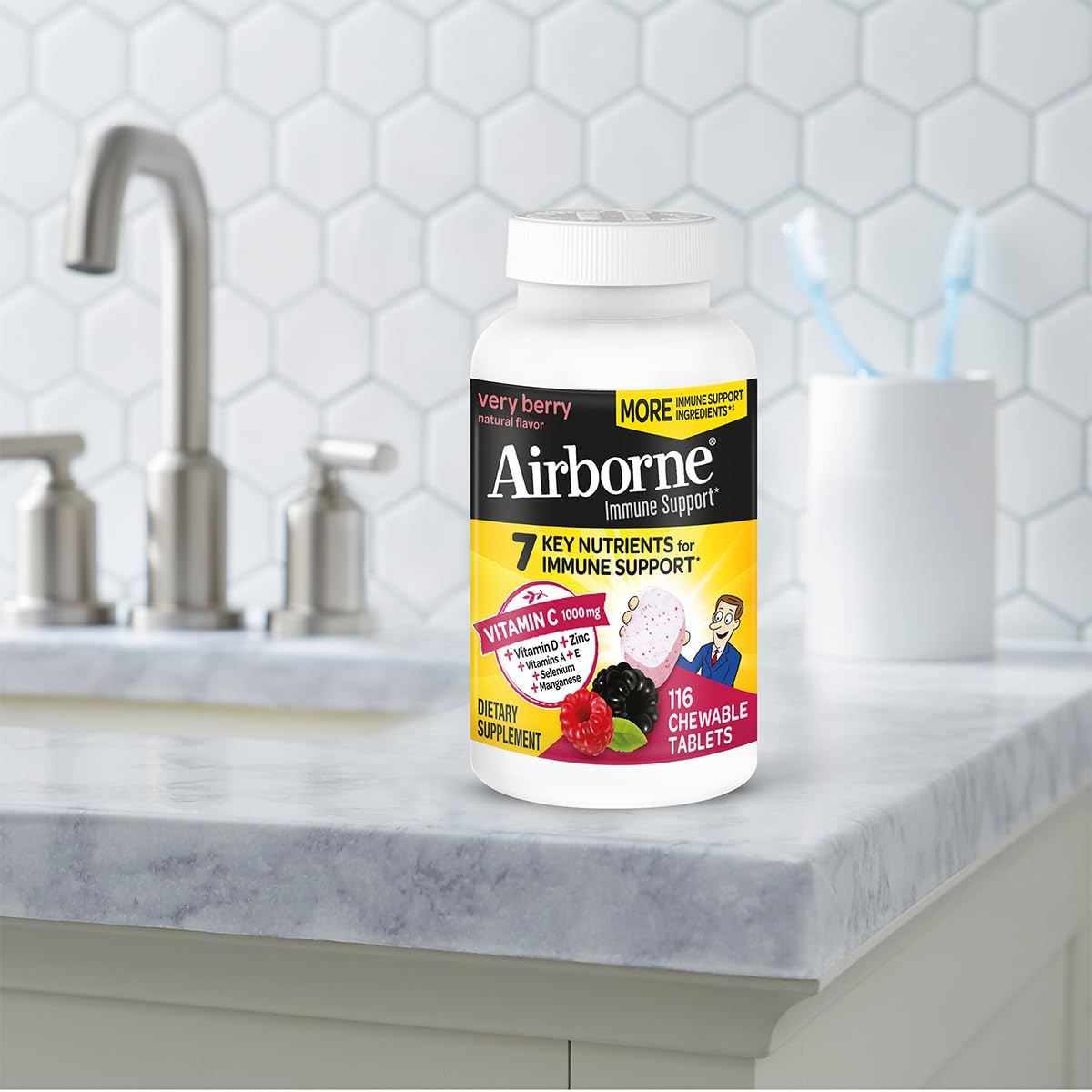 Airborne 1000mg Vitamin C + Zinc Immune Support Supplement Chewable Tablets, Very Berry Flavor with Powerful Antioxidants Vitamins A C & E, 116 Chewable Tablets (2 Pack) Nirvana Guru