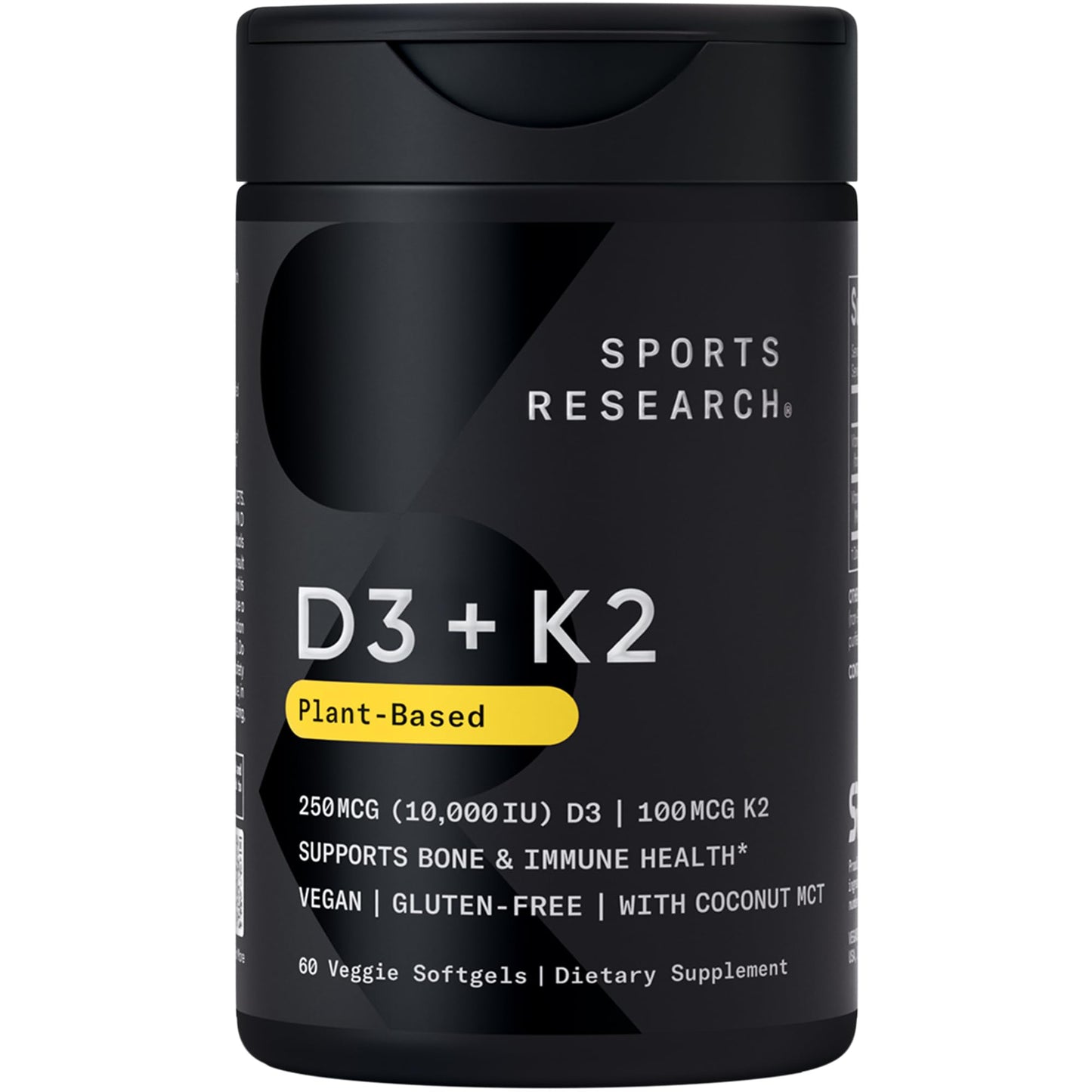 Sports Research® Vitamin D3 + K2 with Coconut MCT Oil | Vegan D3 2500iu (62.5mcg) & Plant Based Vitamin K2 100mcg | Vegan Certified, Soy & Gluten Free - 60 Softgels - Nirvana Guru