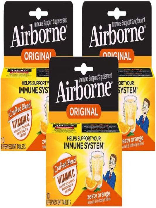 Airborne 1000mg Vitamin C with Zinc Effervescent Tablets, Immune Support Supplement with Powerful Antioxidants Vitamins A C & E - 10 Fizzy Drink Tablets, Zesty Orange Flavor (Zesty Orange (Pack of 3)) Nirvana Guru