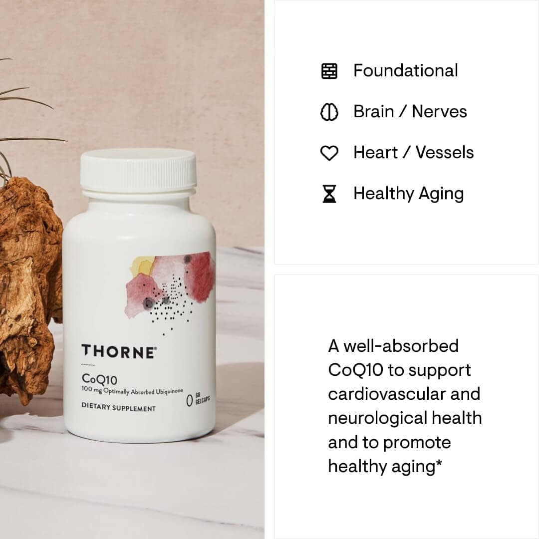 THORNE CoQ10 (Formerly Q-Best 100) - 100mg Optimally Absorbed Ubiquinone - Gluten-Free Dietary Supplement Support for Heart Health & Brain Function* - 60 Gelcaps - Nirvana Guru