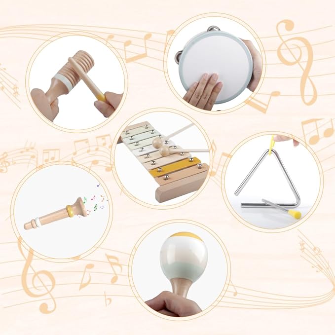 Baby Musical Instruments-Montessori Wooden Toys for Toddlers 1-3,Neutral Colors Percussion Instruments Set with Modern Boho Xylophone for Kids Preschool Educational 3+ nirvanaguru