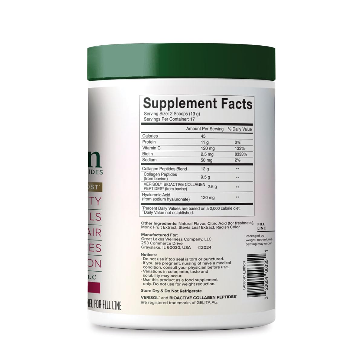 Great Lakes Wellness Collagen Peptides Powder for Skin, Hair, Nails, Joints & Digestion - Unflavored - Quick Dissolve Hydrolyzed, Non-GMO, Keto, Kosher - 16oz