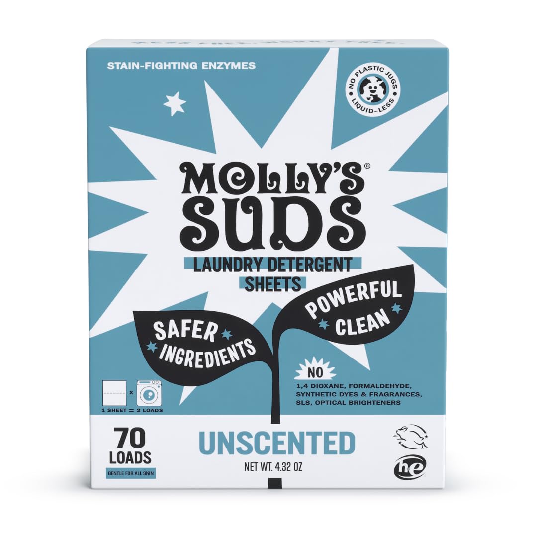 Molly’s Suds Laundry Detergent Sheets | Gentle on Sensitive Skin, Powerful Bio-Based Enzymes, Stain-Fighting | Liquidless & Plastic-Free Packaging | 70 Loads (Unscented) Nirvana Guru