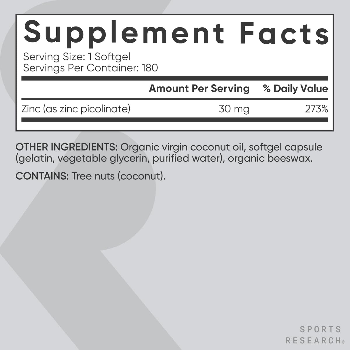 Sports Research Zinc Picolinate 50mg with Organic Coconut Oil | Highly Absorbable Zinc Supplement for Healthy Immune Function - Non-GMO Verified, Gluten & Soy Free (60 Liquid Softgels) - Nirvana Guru