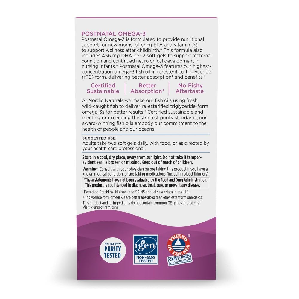 Nordic Naturals Postnatal Omega-3, Lemon - 60 Soft Gels - 1120 Total Omega-3 + 1000 IU Vitamin D3 - Formulated for New Moms; Supports Optimal Wellness, Positive Mood, Healthy Metabolism - 30 Servings - Nirvana Guru
