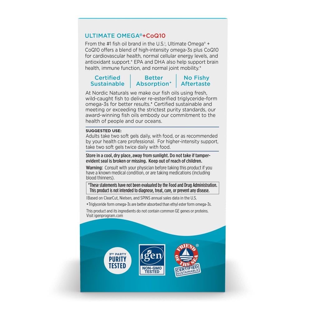Nordic Naturals Ultimate Omega + CoQ10, Lemon - 120 Soft Gels - 1280 mg Omega-3 + 100 mg CoQ10 - Heart Health, Cellular Energy, Antioxidant Support - Non-GMO - 60 Servings - Nirvana Guru