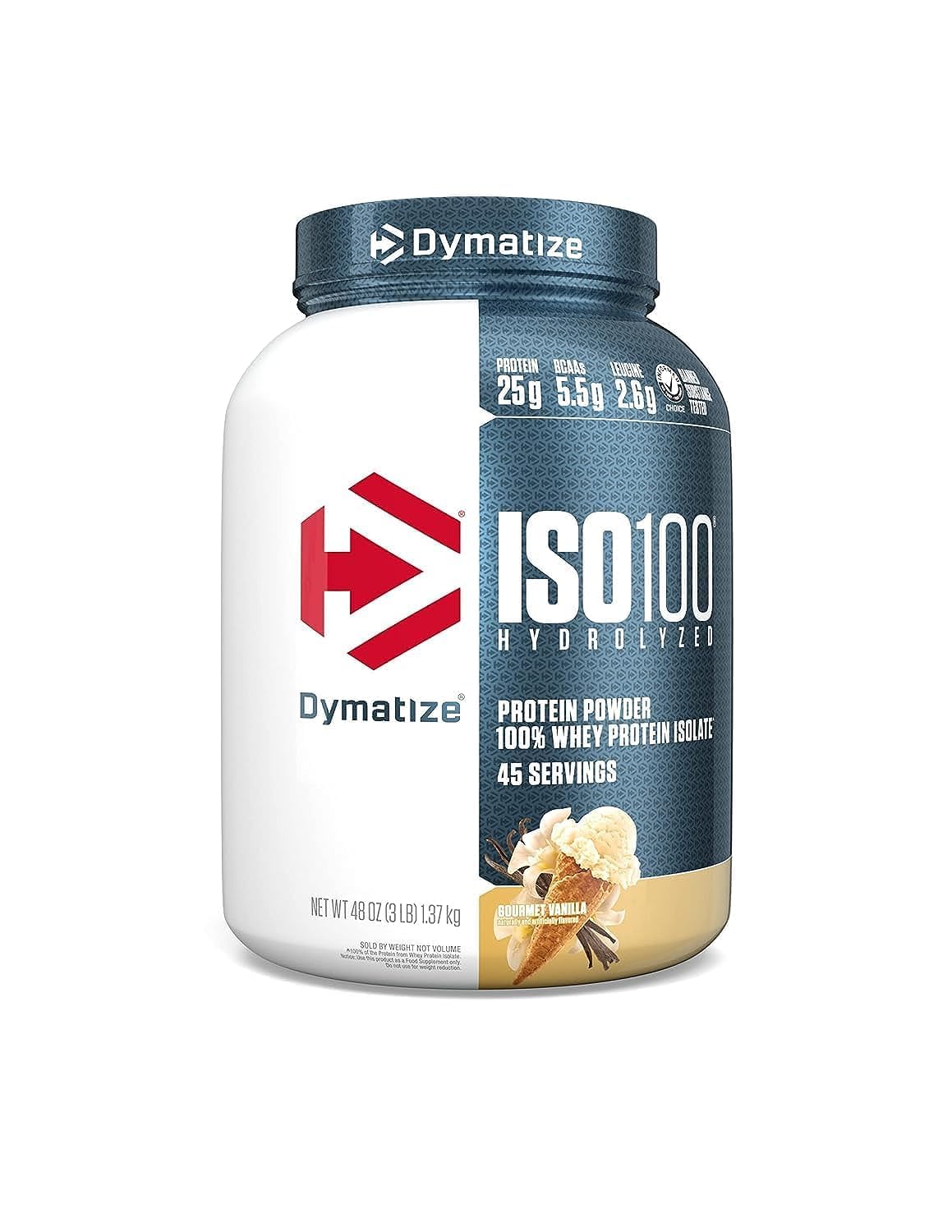 Dymatize ISO100 Whey Protein Powder Isolate, Gourmet Chocolate, 25g of Protein, 20 Servings, 5.5g BCAAs, Less Than 120 Cal., Gluten Free, 1g Fat, 1g Sugar, 2g Carb