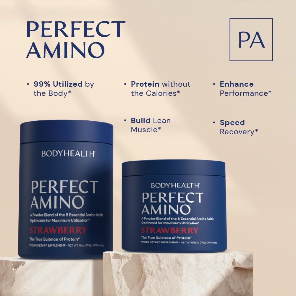 BodyHealth PerfectAmino Powder - BCAA and EAA Powder for Pre and Post Workout - Amino Acid Energy Drink for Men and Women to Support Lean Muscle and Recovery - Strawberry - 30 Servings Nirvana Guru