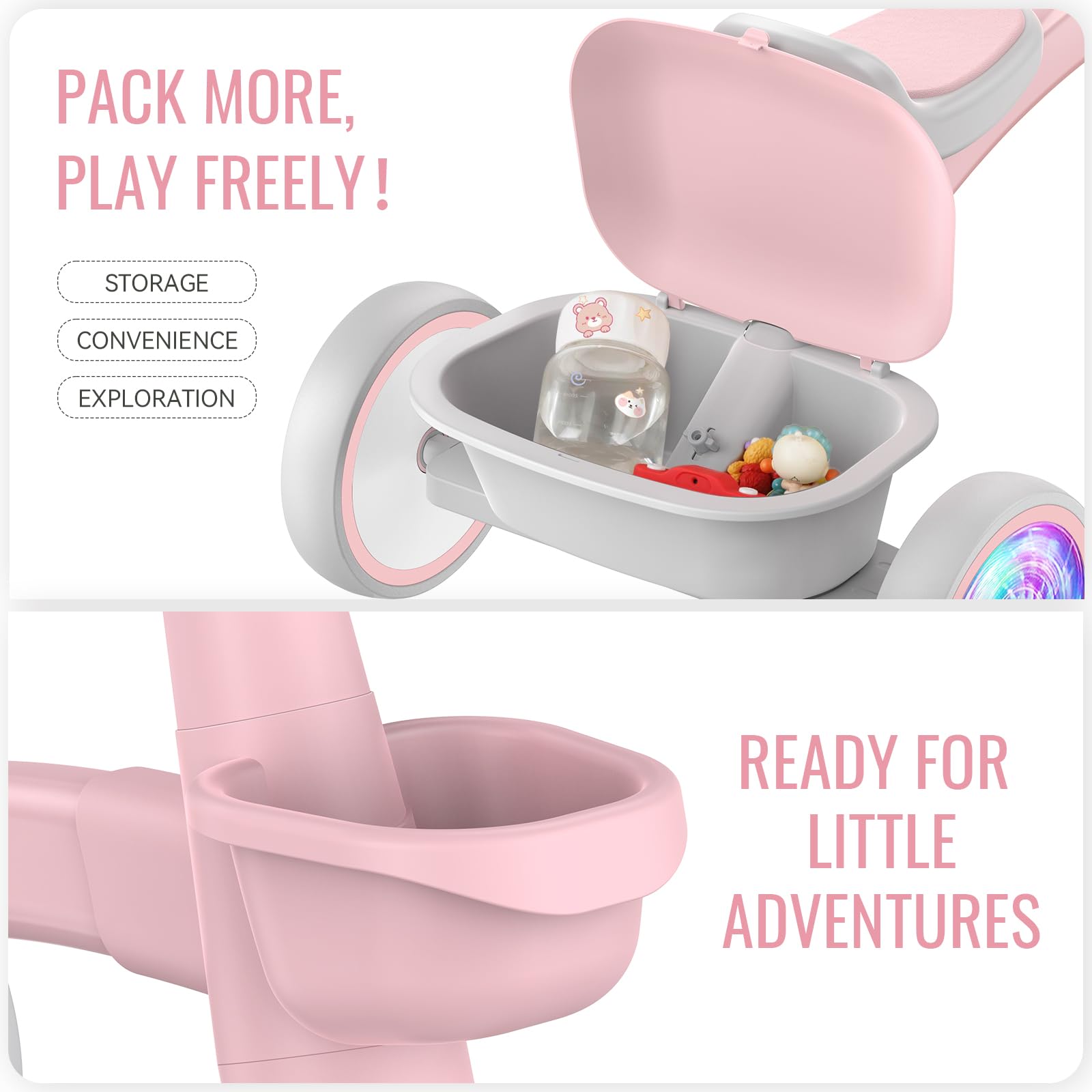 SEREED Colorful Lighting Toddler Tricycle for 2-5 Years Old Girls, Adjustable Seat&Handlebar Trike, Removable Basket, Birthday Gift Idea for Kids Ages 2+ (Pink) Nirvana Guru
