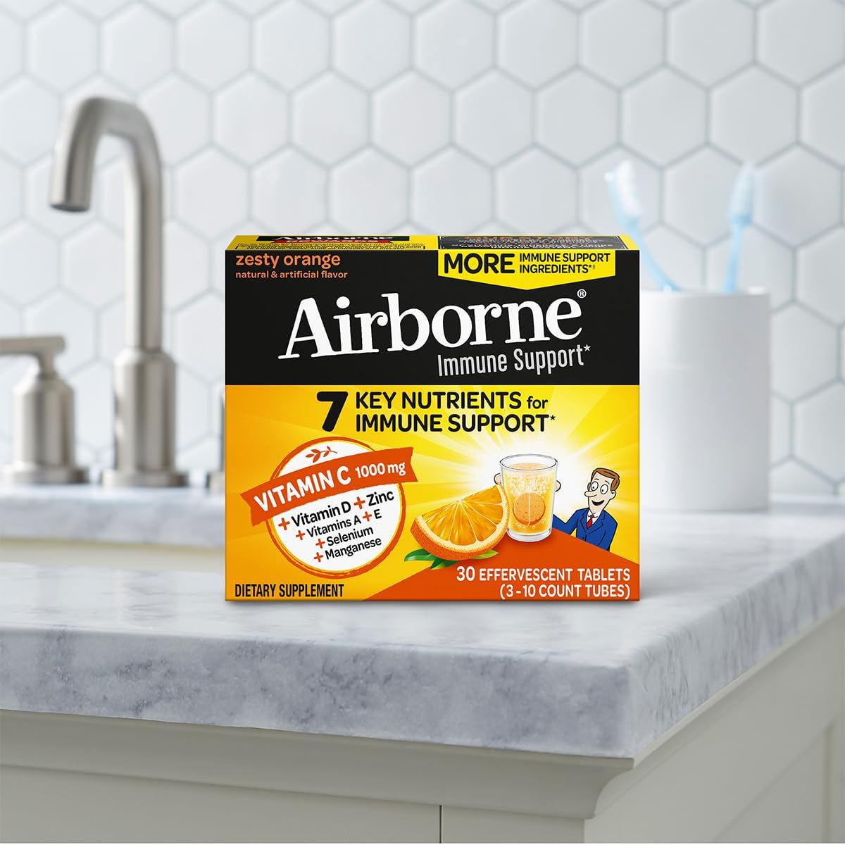 Airborne 1000mg Vitamin C + Zinc Sugar Free Multivitamin Immune Support Effervescent Fizzy Drink Tablets, Zesty Orange Flavor with Powerful Antioxidants Vitamins A C & E, 30 Tablets (3 Pack) Nirvana Guru