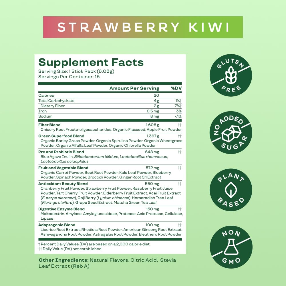Bloom Nutrition Greens and Superfoods Powder for Digestive Health, Greens Powder, Digestive Enzymes, Probiotics, Spirulina, Chlorella for Bloating & Gut Support, Green Juice, 30 SVG, Strawberry Kiwi