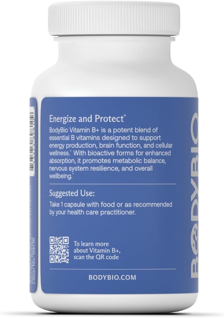 BodyBio - Vitamin B Complex Including B1, B2, B3, B5, B6, Methyl B12, Folinic Acid, 5-MTHF, and B7 to Supports Alertness, Metabolism & Immune System, 90 Capsules Nirvana Guru