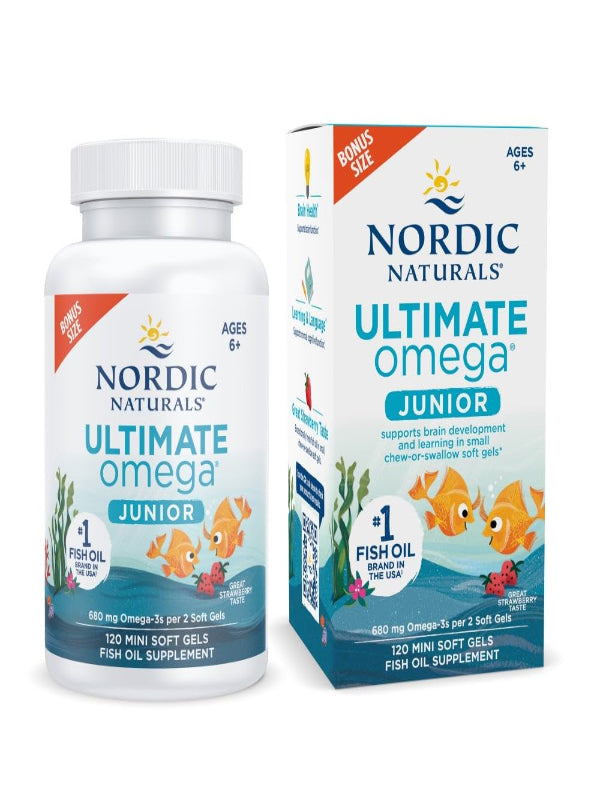 Nordic Naturals Ultimate Omega Jr., Strawberry - 120 Mini Soft Gels - 680 Total Omega-3s with EPA & DHA - Brain Health, Mood, Learning - Non-GMO - 60 Servings - Nirvana Guru